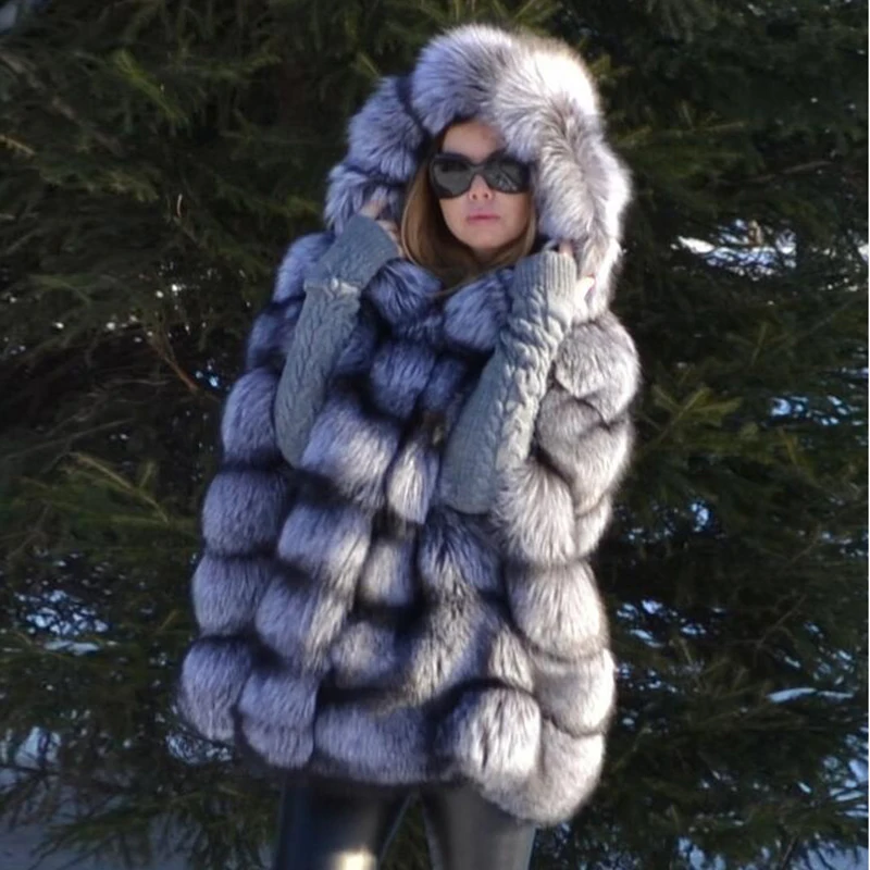 Толстые меховые куртки природа Silver Fox шубы для Для женщин теплые лисицы шаль накидка с капюшоном с натуральным мехом пальто покрыта зимние топы