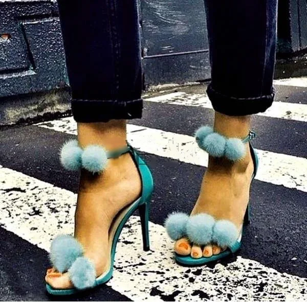 

Hot Selling Green Suede Pom Pom Decor Women Sandals Cut-out Peep Toe Gladiator Sandals Shoes High Heels Summer Dress Shoes