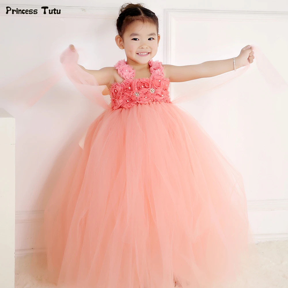 Peach Color Children Girls Flower Tutu Dress Princess Tulle Girl Dresses Kids Party Pageant Wedding Ball Gown | Детская одежда и