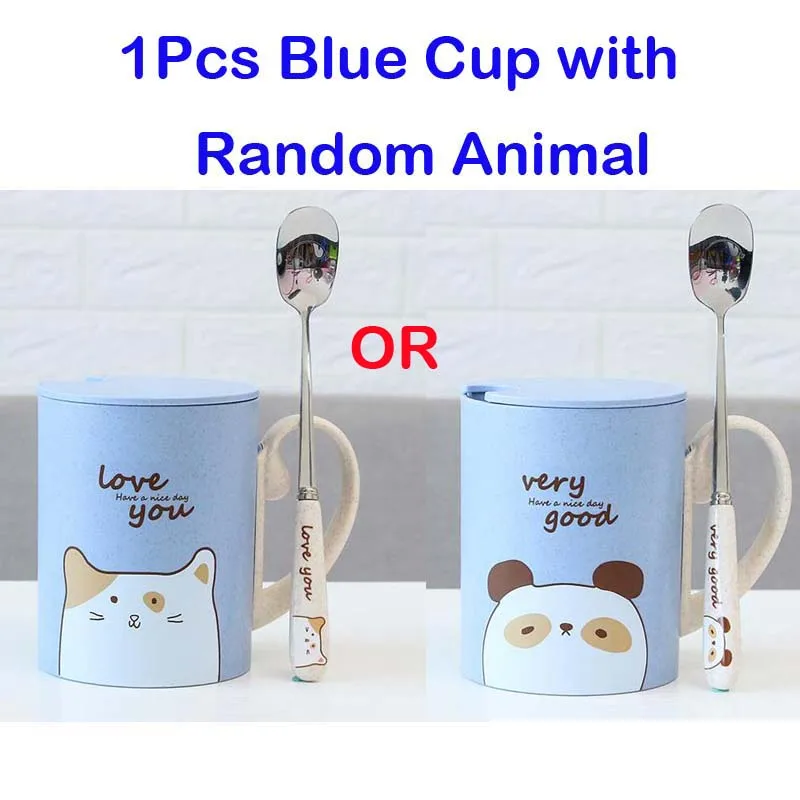 Blue Random Animal Горячая Распродажа, 450 мл, мультяшная кружка с изображением пшеничного животного, с крышкой, ложкой, молоком, кофе, кружка для чая, молока, дорожная чашка, большая емкость, детская чашка, хороший подарок - Цвет: Blue Random Animal