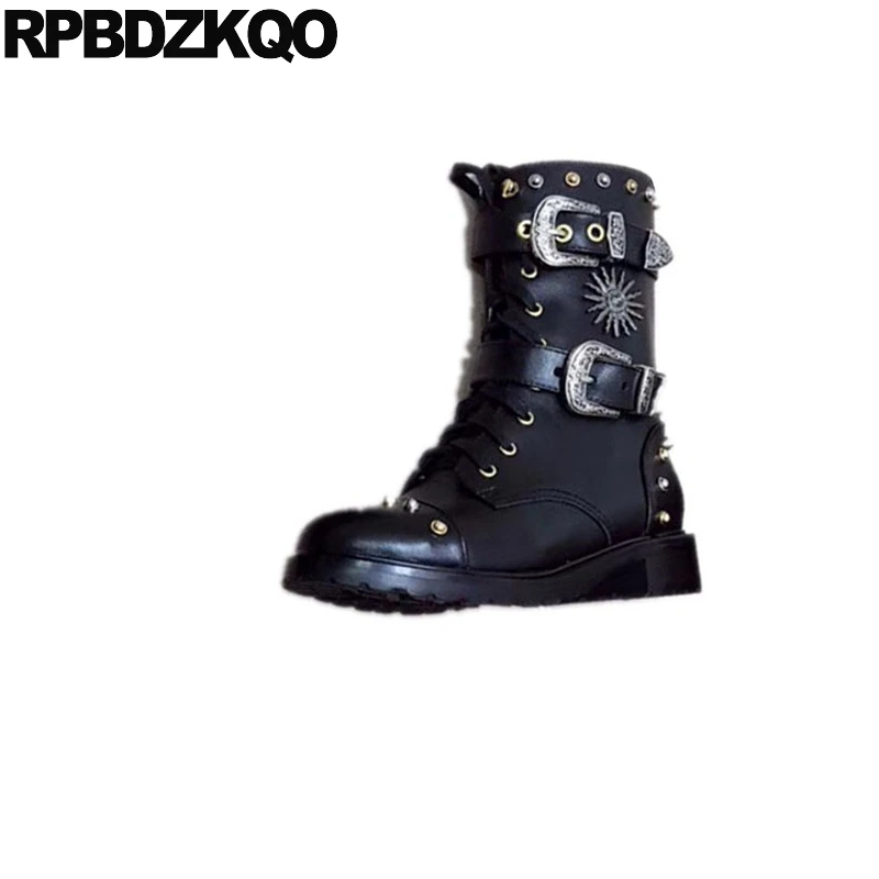 Женские байкерские ботинки в стиле панк рок черные ботильоны с круглым носком