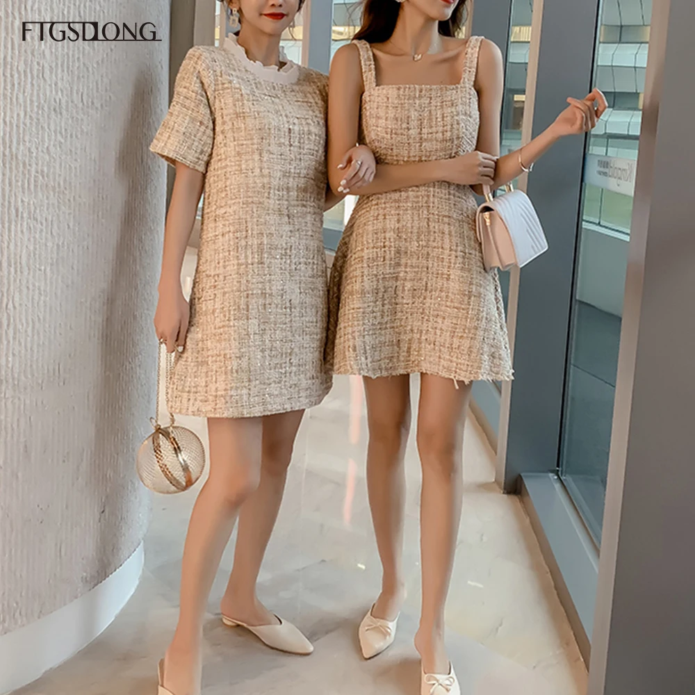 Женское твидовое платье с коротким рукавом FTGSDLONG подиумное ТРАПЕЦИЕВИДНОЕ