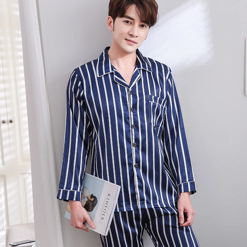 2019 Spring Striped Men's Pajamas Long Sleeve 2 Pcs Home Suit Male Satin Nightwear Silk Casual Sleepwear Pyjama Homme 3XL | Мужская