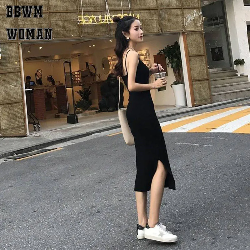 

Knitted Vest Suspender Dress 2018 New Long Black Slim Autumn Winter Dresses ZO952