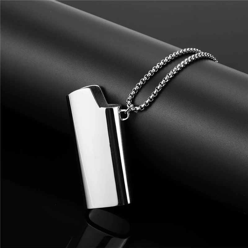 

Hip Hop Lighter Cover Shape Pendants Necklaces Chokers For Men Women Bling Zinc Alloy Shell Pendants Silver Long Box Chain