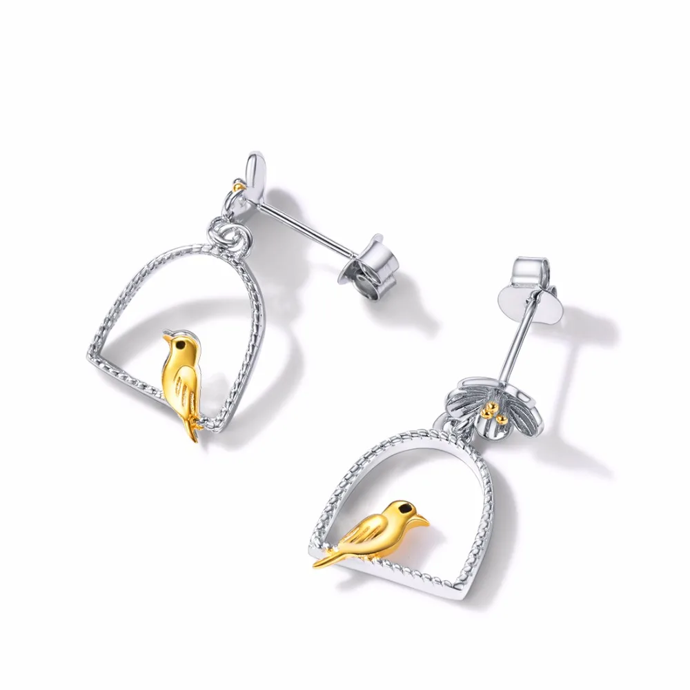 SILVERCUTE 925 стерлингового серебра птица Висячие серьги в саду два тона тонкие