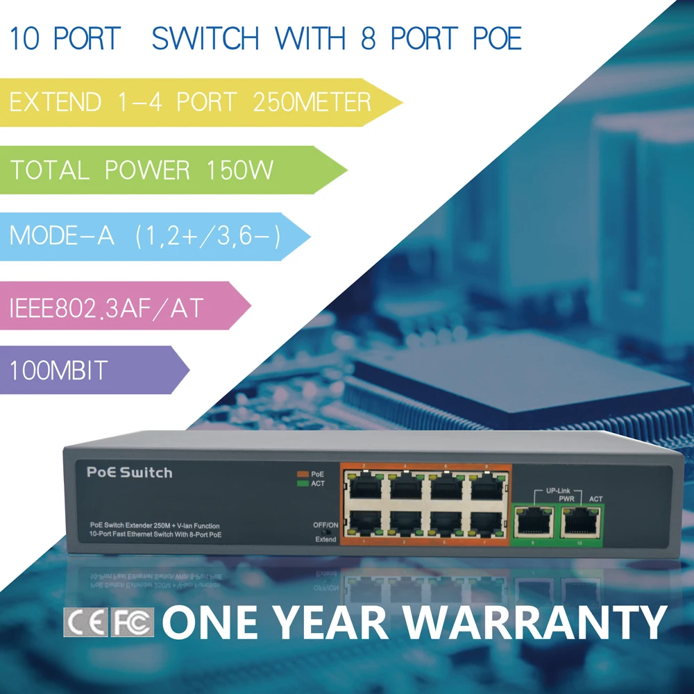 6 портов коммутатор с 4 портами PoE (10 8 PoE) 100 м IEEE802.3at стандарт af для DH Hikvision IP