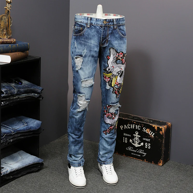 Роскошные Джинсы с вышивкой рваные джинсы мужской Slim Fit прямые джинсовые Для