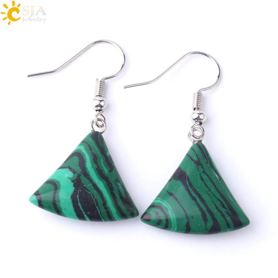 Malachite CSJA, серьги-капли из натурального камня для женщин, маленькие веерообразные серьги, фиолетовые, розовые, кварцевые, лазуритовые, хрустальные, тигровый глаз, F828 - Окраска металла: Malachite
