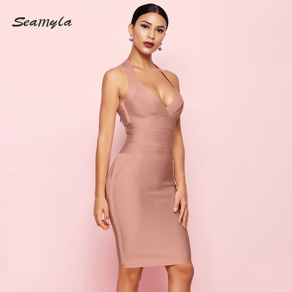 Seamyla облегающее Бандажное платье для женщин Vestidos новое летнее платье с бретелькой через шею для знаменитостей вечернее платье для вечеринок сексуальное ночное Клубное платье