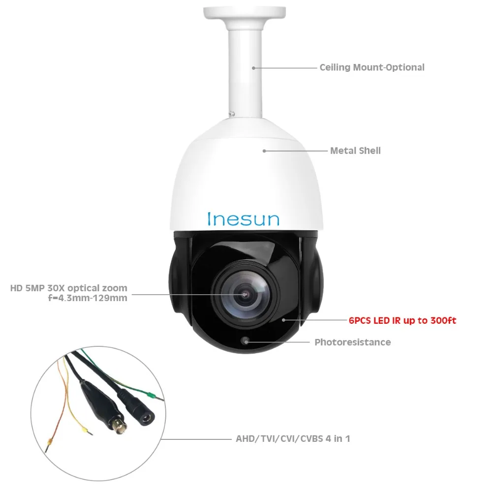 Inesun 5MP CCTV Камера Безопасности HD 2688x1944p 30X оптический зум 4-в-1 Гибридный TVI/AHD/CVI/CVBS