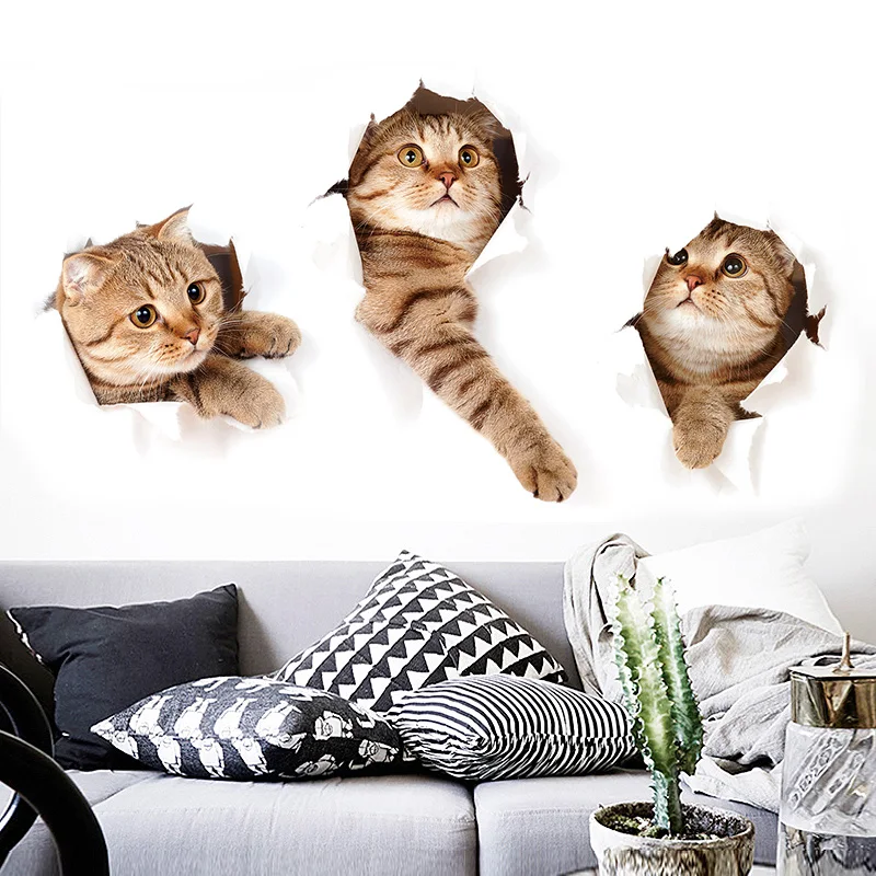 3D Cat Wall Sticker with Hole View for Bathroom, Toilet, Living Room - Home Decor Decal Poster Background Combination Wall Stickers image 3