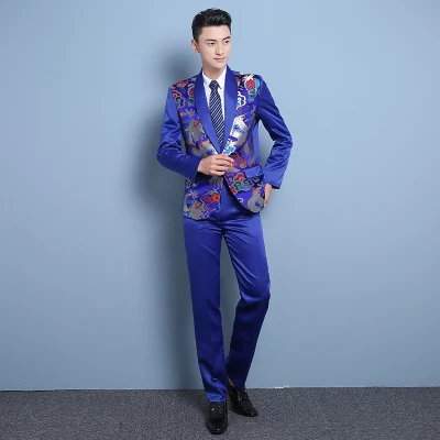 100% настоящий Мужской черный/золотистый/королевский синий смокинг с вышивкой