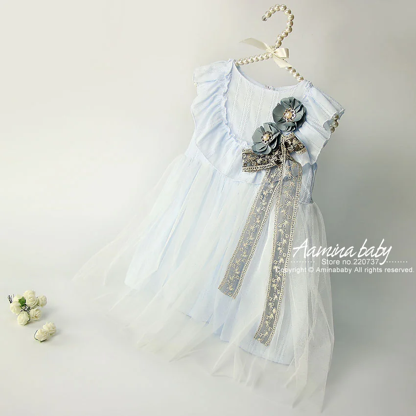 Платье принцессы с объемной цветочной вышивкой и лентами для девочек сарафан