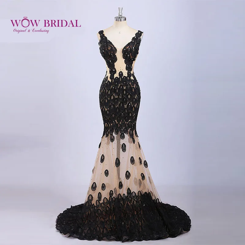 

Wowbridal 2021 Gorgeous Beading Evening Dress Deep V-Neck Tank Backless Mermaid Gown with Lace Sheer Beading Skirt