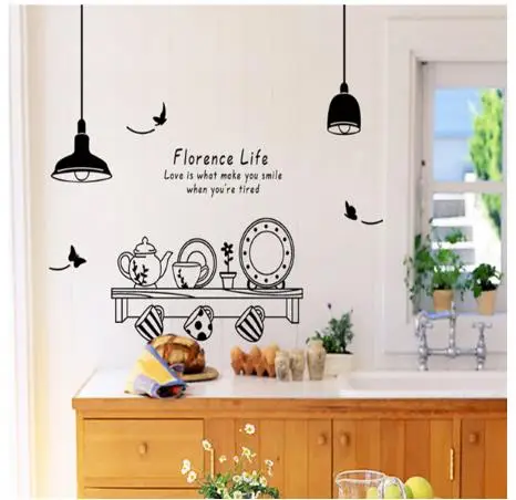 

Free Shipping florence life removable wall stickers kitchen restaurant tea cup cupboard decorative decals wall murals