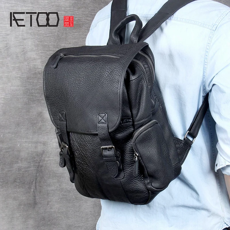 AETOO Head cowhide Double Shoulder bag male handmade large capacity leather backpack casual bag