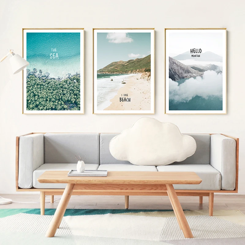 Современный минималистичный синий пейзаж морской пляж альпийская облачная