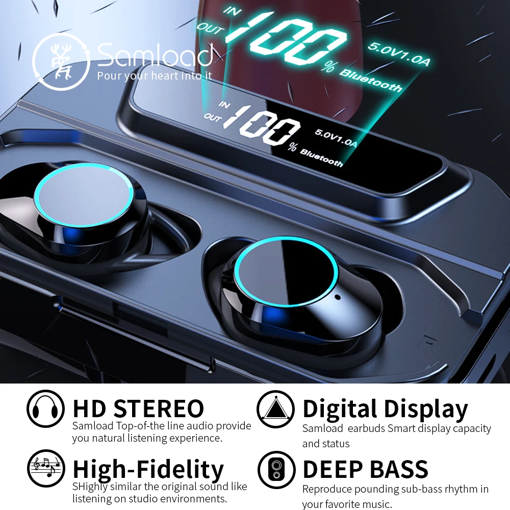 Samload Беспроводной наушники HIFI Звук Bluetooth 5,0 наушники стерео наушники с 3000 mAh заряда в поле Мощность банка для смартфонов