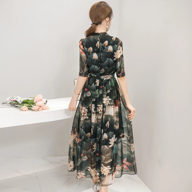 2020 Summer New Style Fashion Leisure Clothing Female Sweet Slim Collar Stamp Seven Sleeve Chiffon Dress | Женская одежда