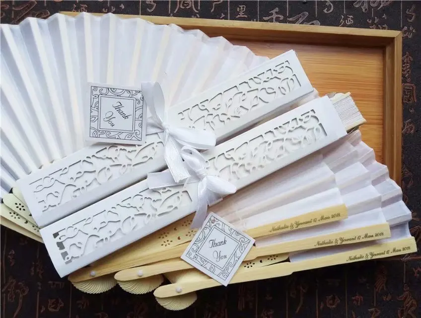 

80pcs/lot Personalized Luxurious Silk Fold hand Fan in Elegant Laser-Cut Gift Box +Party Favors/wedding Gifts+printing