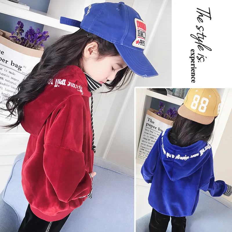 2017 Winter Girls gold velvet backing shirt children high collar striped hooded fake two sweater | Детская одежда и обувь