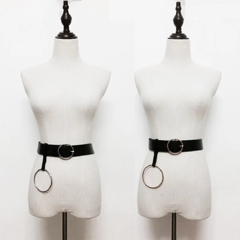 Gold Double Rings Belt For Women Leisure Faux Leather Waist Black Round Buckle Strap Waistband Cinturones Mujer Riem | Аксессуары для