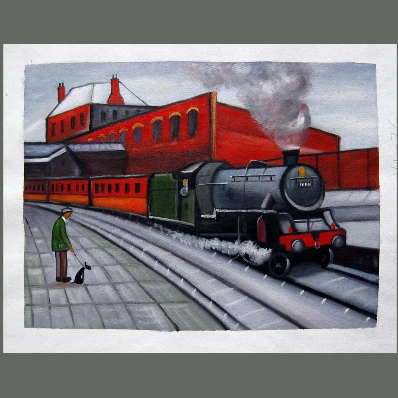 

Hand Painted Modern Cartoon Oil Painting Red Train Wall Picture Painting On Canvas Modern Home Decor Wall Decor Office wall Deco