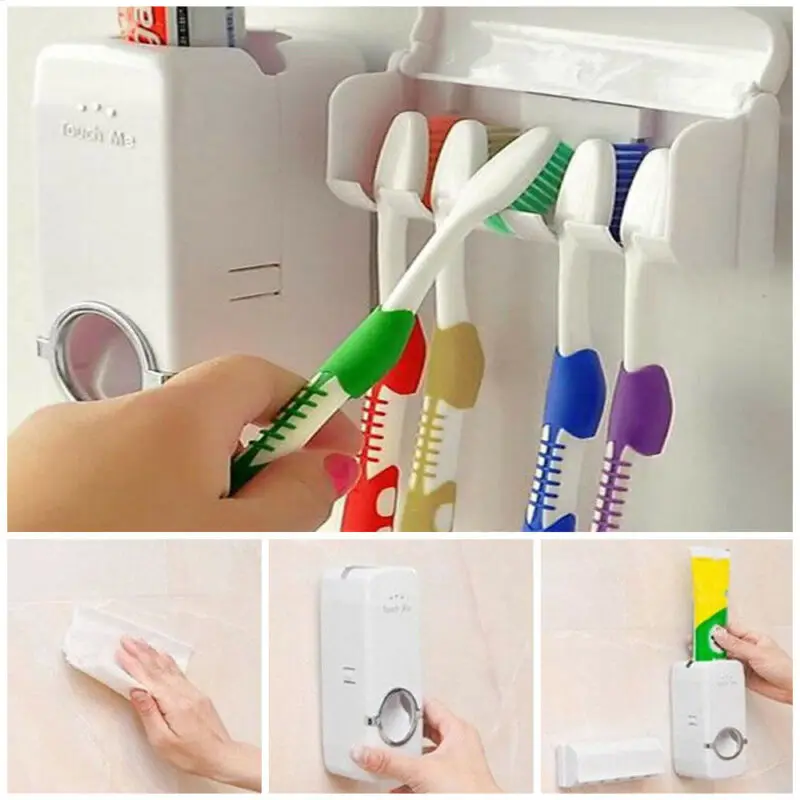 2018 Hot Selling White Automatic Toothpaste Dispenser + 5 Toothbrush Holder Set Wall Mount Stand | Дом и сад