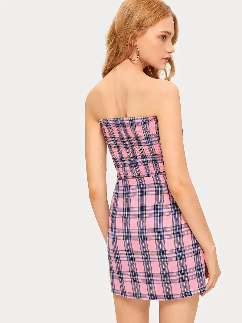 Летний комплект из 2 предметов женский розовый Шотландской клетчатой ткани Топ