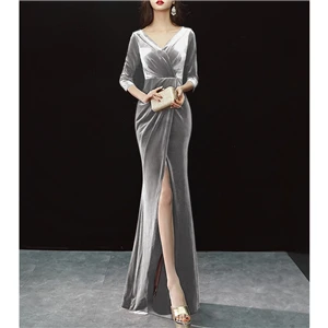 Grey Элегантное бархатное женское платье для рождественской вечеринки Vestidos Verano сексуальное Макси платье вечернее платье Русалка с длинным рукавом - Цвет: Grey