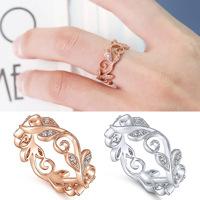 Seaside Size6/7/8/9/10 Crystal Silver Unique Flower Ring Exquesite 1PC Women Beautiful Leaf Rose Golden Vine leaves Zircon Party | Украшения