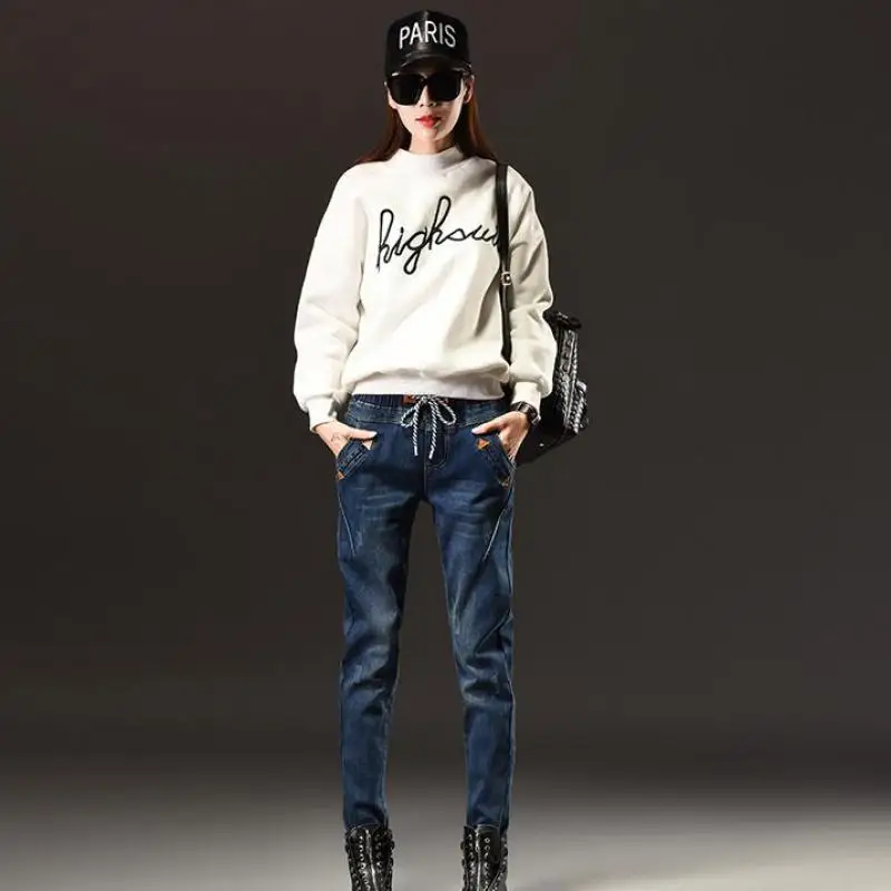 2016 женские джинсовые брюки синие джинсы с высокой талией и завязками шаровары