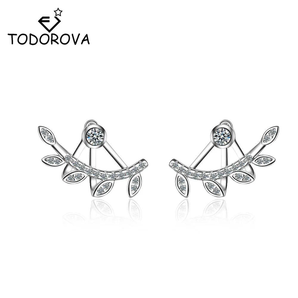 Todorova серьги-гвоздики с блестящим кристаллом листья и ветки прозрачные CZ женские