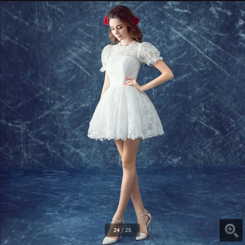 2017 милое короткое платье трапециевидной формы с пышными рукавами белое