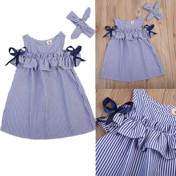 

Striped Baby Girls Toddler Kid Dress Embroidery Princess Off Shoulder Party 1-5Y