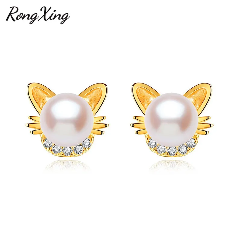 Женские серьги гвоздики RongXing с милым животным жемчугом и котом серебряные