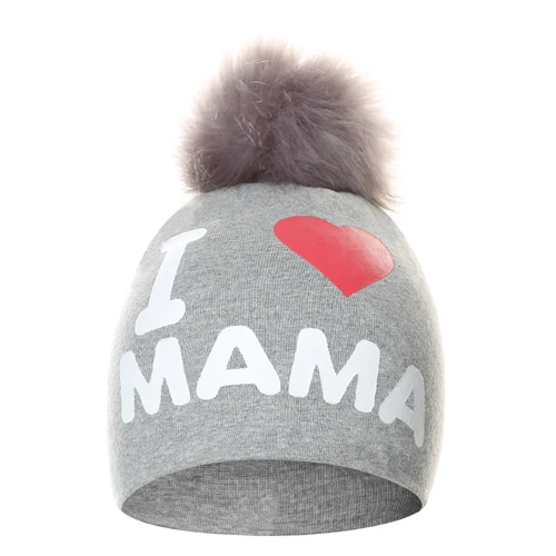 I love mama grey Вязаная шапка с помпоном для маленьких девочек и мальчиков, милая шапочка с надписью «I Love PAPA MAMA», детские шапки, облегающая шапка, шапочки для детей - Цвет: I love mama grey