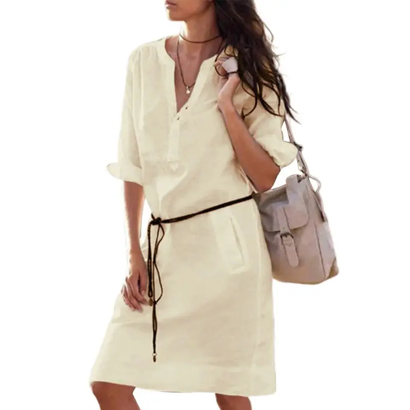 BG Women Plus Size Roll Long Sleeve Sexy Button V-Neck Midi Loose Blouse Dress Solid Color Holiday Beach Sundress With Pocket S-5XL - Цвет: BG