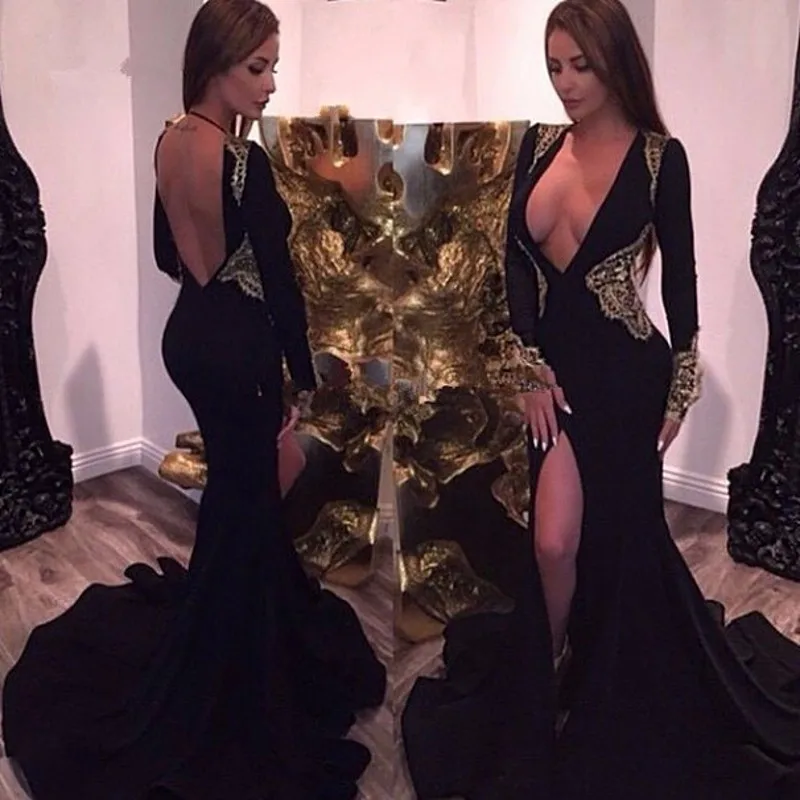 V шеи кружева аппликации черный пром платья 2017 с длинным рукавом русалка