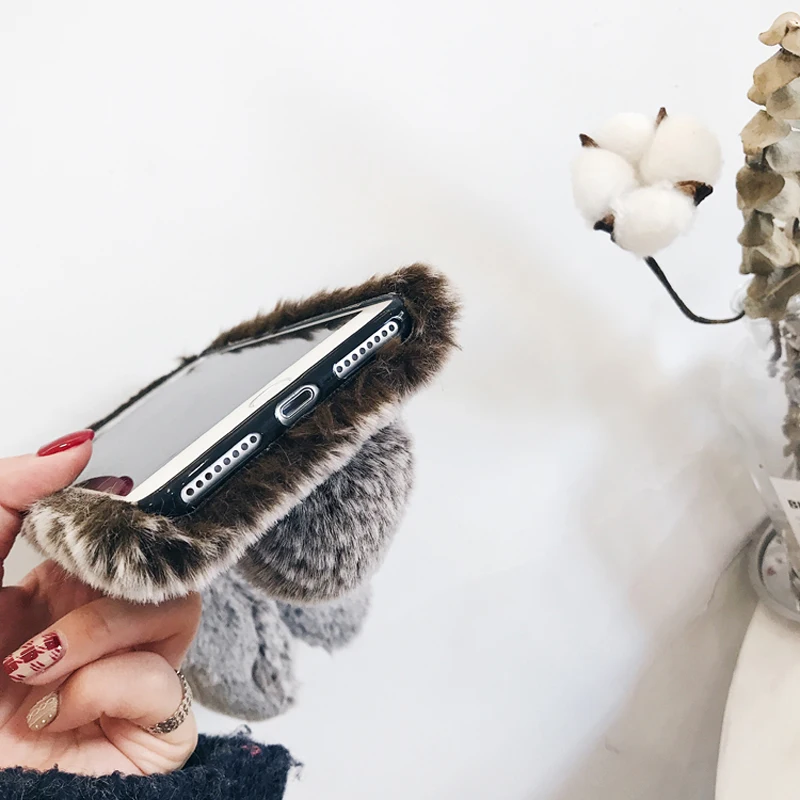 For iPhone 7 Case 3D Cute Rabbit Hairy Warm Fur Bling Rhinestone Plush Bunny Cover for XS 4 4S 5 5S SE 6 6S 8Plus |