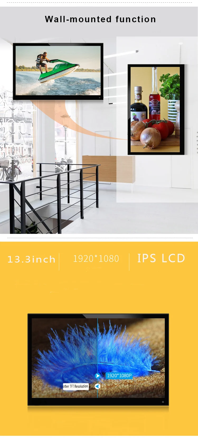 13,3 дюймов 1920*1080/16:9 ips широкоформатная цифровая фоторамка Поддержка SD AV HDMI USB