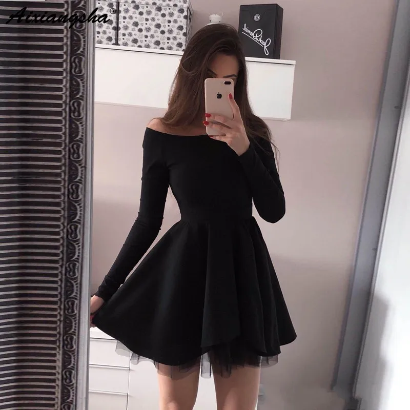 

New Design Off the Shoulder Short Red Prom Dress vestido de formatura Long Sleeve Black Graduation Homecoming Dresses
