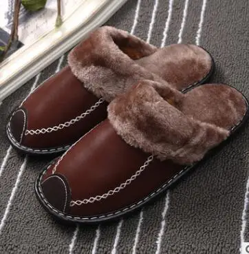 dark brown Женские тапочки для зимы; модная кожаная обувь для дома размера плюс; DB013 - Цвет: dark brown