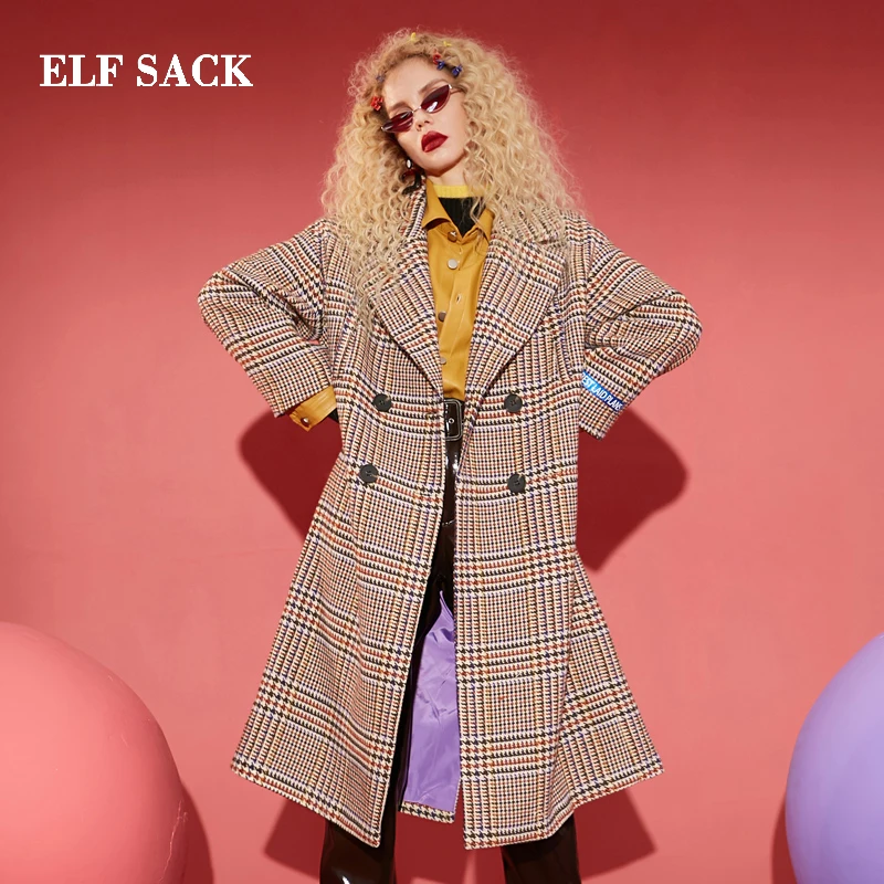 ELFSACK Зимние новые стильные шерстяные пальто длинные клетчатые повседневные