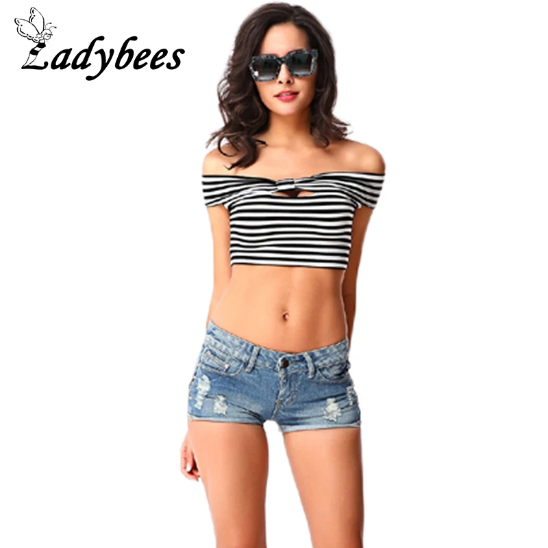 LADYBEES 2017 новые летние пикантные Короткие топы Женская футболка Топ в полоску с