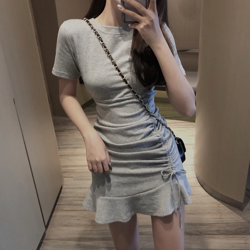 

2019 Women Short Sleeve O-Neck Ruffles Waist Draped Mini Dress for Girls