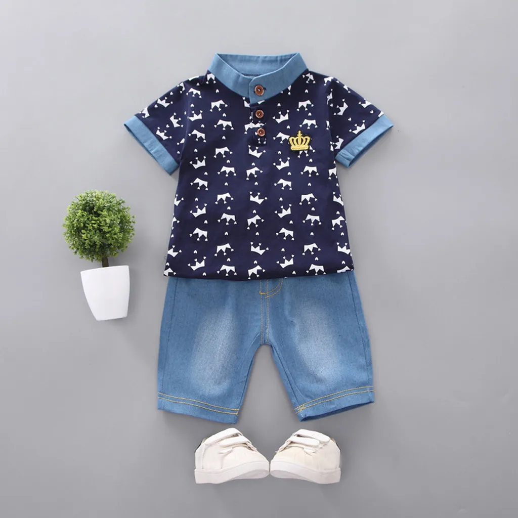 Kids Clothes Boys Summer Crown T Shirt Tops+ Denim Shorts Pants 2pcs Set erkek bebek giyim vetement enfant fille | Детская одежда и