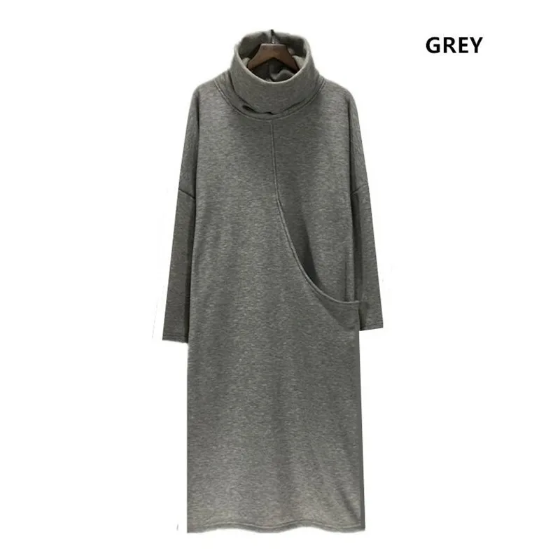 light grey 5xl 6xl однотонное платье Новое Женское Платье Зима-осень большого размера теплое платье размера плюс повседневное элегантное платье с высоким воротом Femme Vestidos - Цвет: light grey