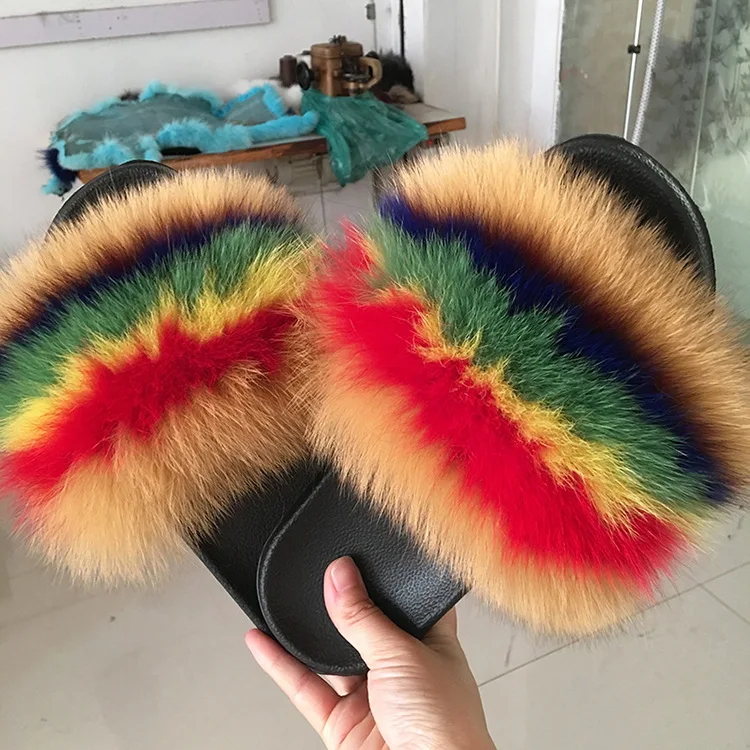 camel green red ZDFURS/; Лидер продаж; женские шлепанцы с лисьим мехом; Разноцветные Летние модные шлепанцы; женские меховые домашние Вьетнамки; пляжные сандалии - Цвет: camel green red